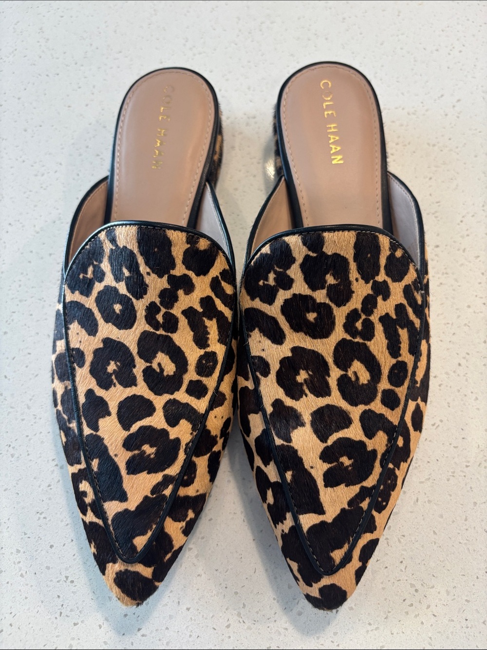 Cole Haan Leopard-Print Pointed Mules in Tan and Black